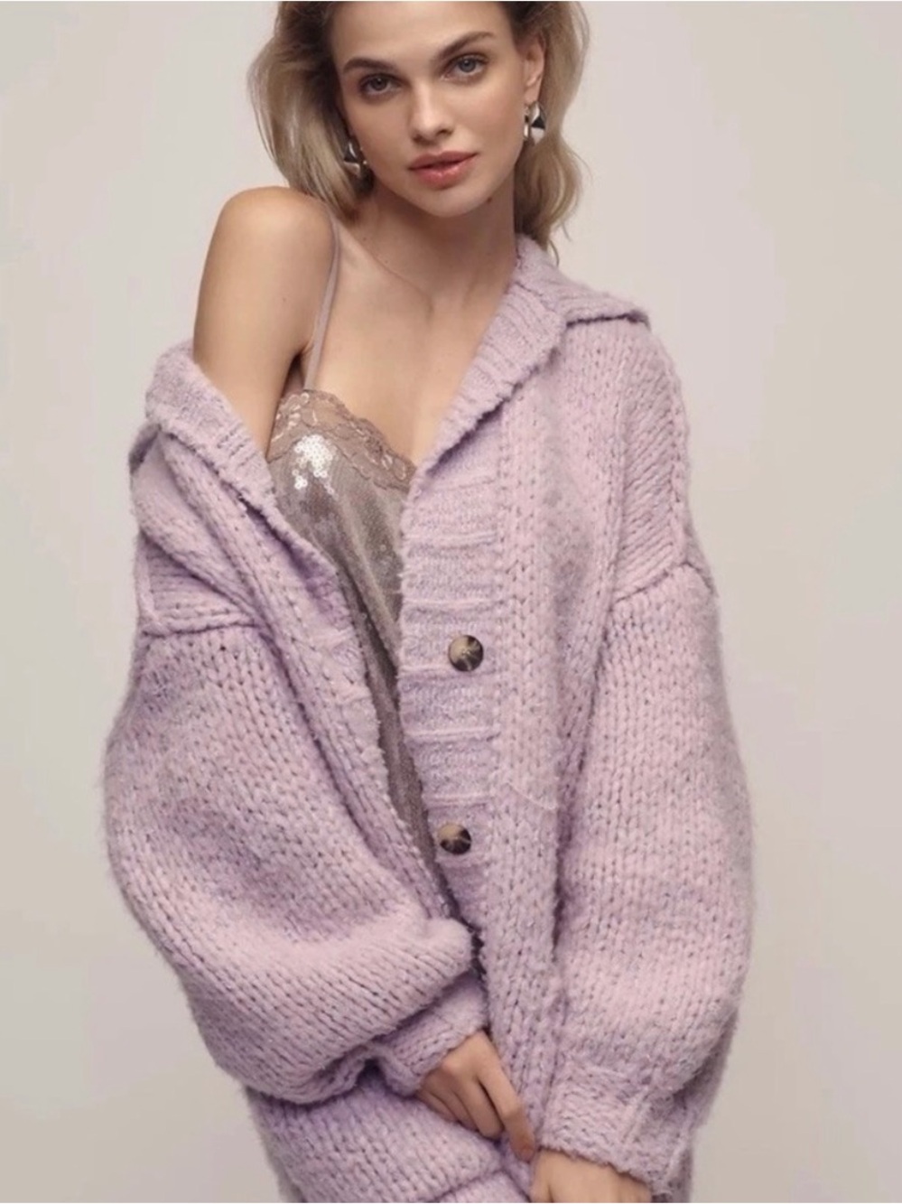 Anthropologie Slouchy Cozy Cardigan Sweater Purple Lilac Collar Chunky XXS/XS - Picture 1 of 7